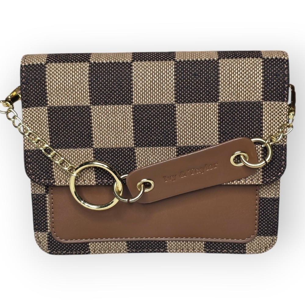 Ivy & Taylor Brown Checkered Flap Clutch Gold Chain Mini Bag